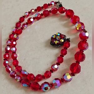 Signed Sherman Siam Red Aurora Crystal Bead Necklace